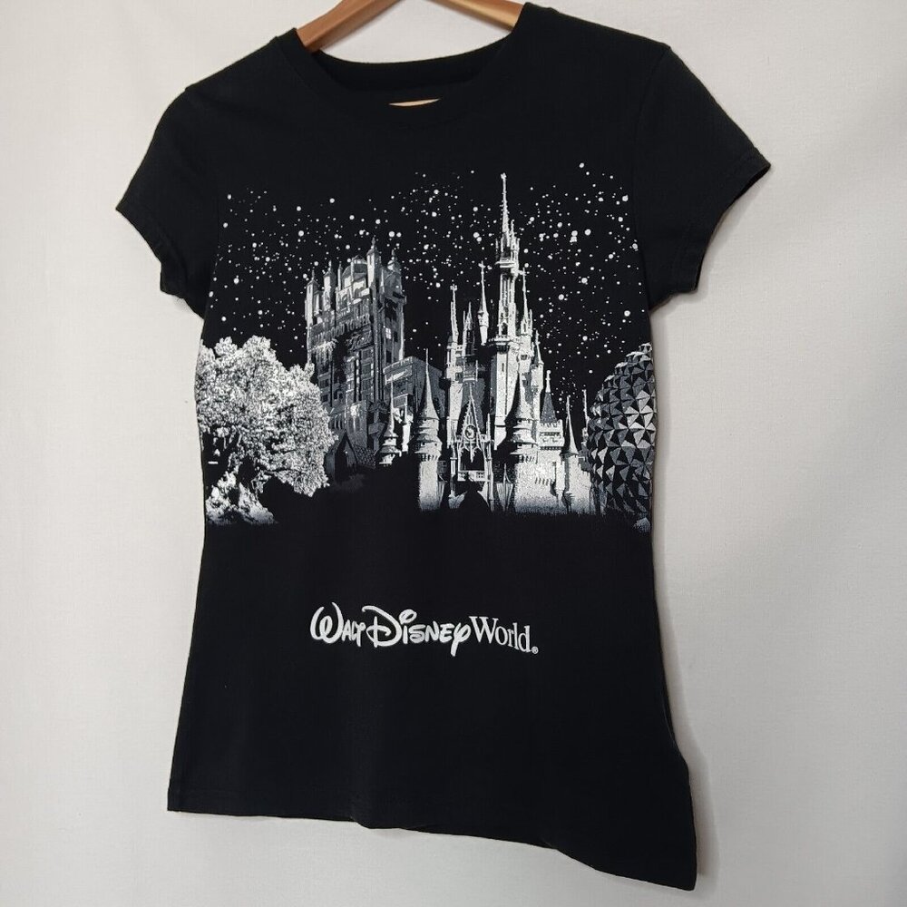 Disney Parks Hollywood Towers Womens Small T Shirt Black Silver Glitter Magic
